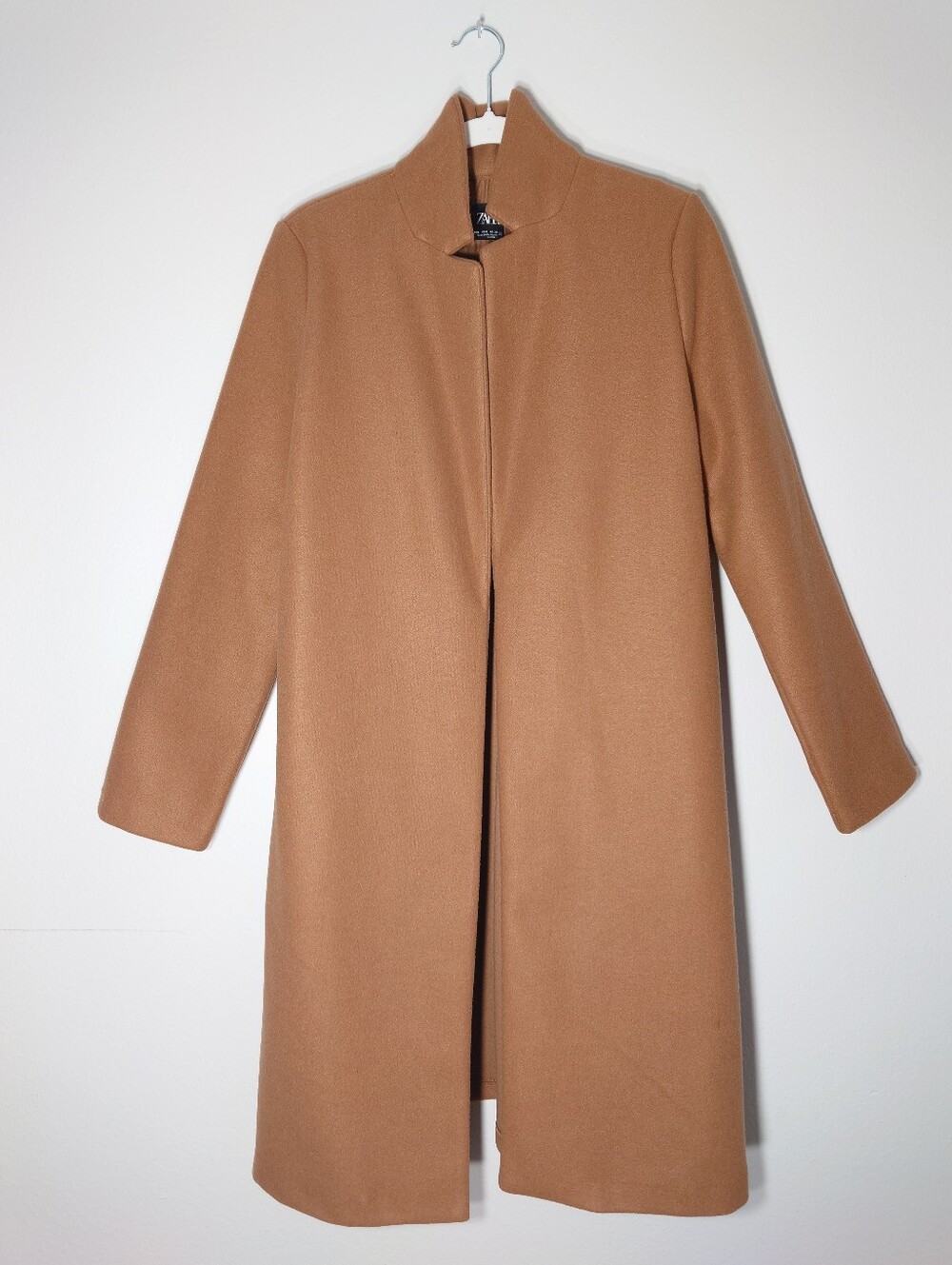 Zara Camel Open Front Coat L Long Minimalist Duster